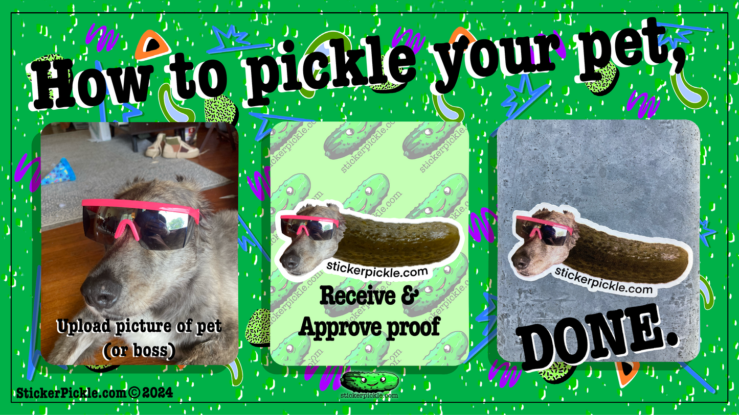 "Pickle Your Pet" Custom Vinyl Stickers (min. 50)